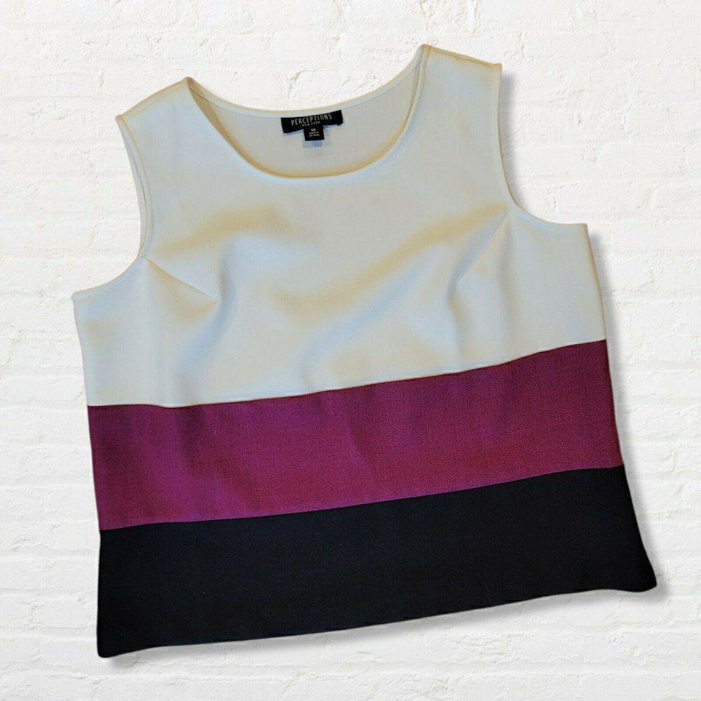Perceptions Color Block Top White Purple Black Sleeveless Women's Size 16